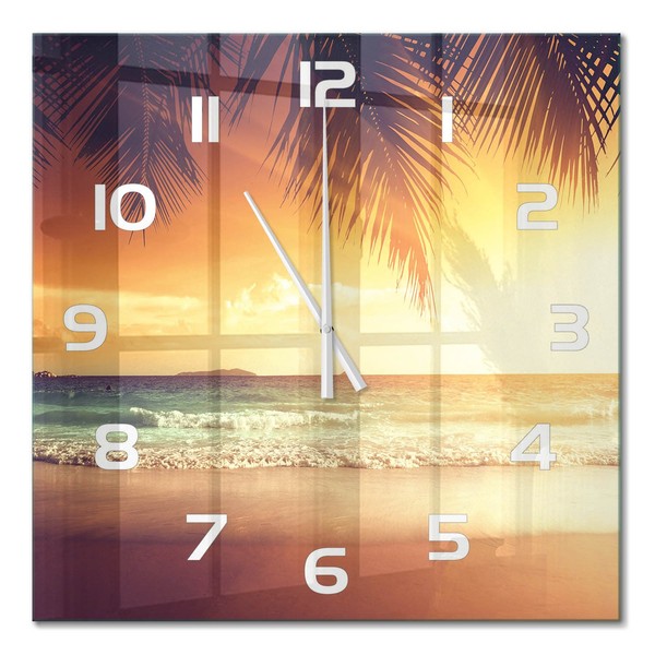 Glas-Wanduhr Wanduhr Aus GehäRtetem Glas Tropischer Strand WeißE Zeiger 60X60 Cm-image
