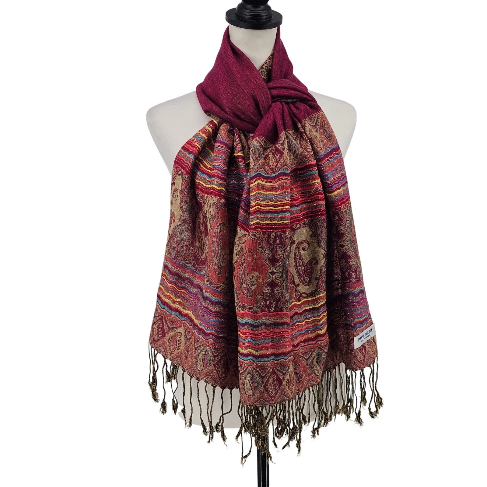 100% Pashmina Scarf Wrap Large Burgundy Paisley Boho Rainbow Tassel Luxury Shawl