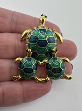 NWT GT Green, Blue Enamel Rhinestone Turtles Brooch Pin, 2"