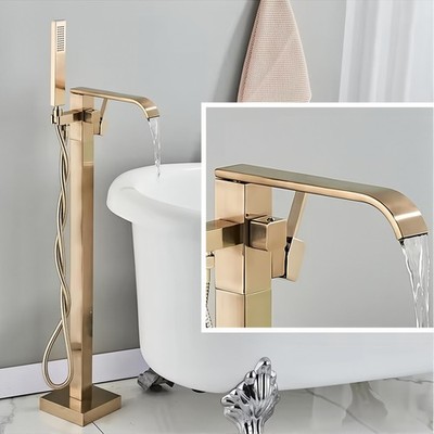 Freestanding Bathtub Faucet Brushed Gold Floor Mount Waterfall Tub Filler Mixer