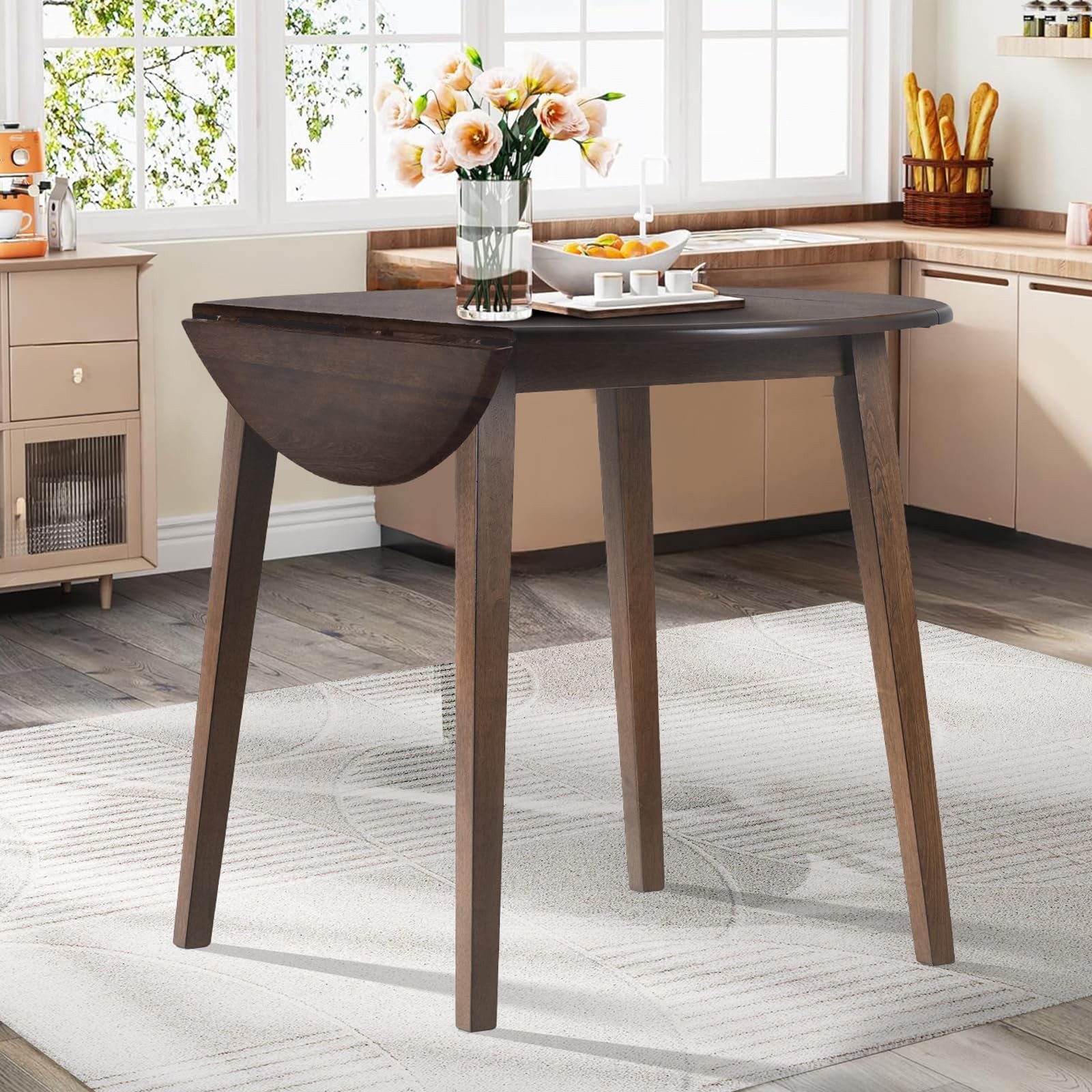 35.8 Inch Expandable Wooden Kitchen Table Folding Round Space-Saving Design