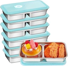 6 Pack 304 Stainless Steel Bento Box (30oz) - 2 Compartment Lunch Box w Lid NEW