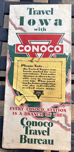 1930s Vintage Conoco Oil Gas Station Road Map Iowa w/route to California Mapped.