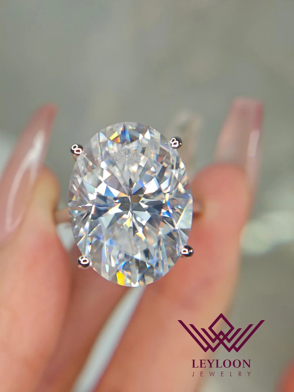 20 Carat Oval Cut G-H Colorless Subtle Halo Bead-set 14K Moissanite Ring