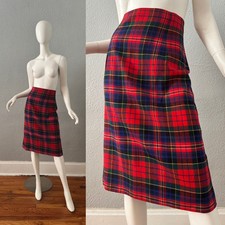 Vintage 60s Red Plaid Tartan High Waist Wool Pencil Skirt XL