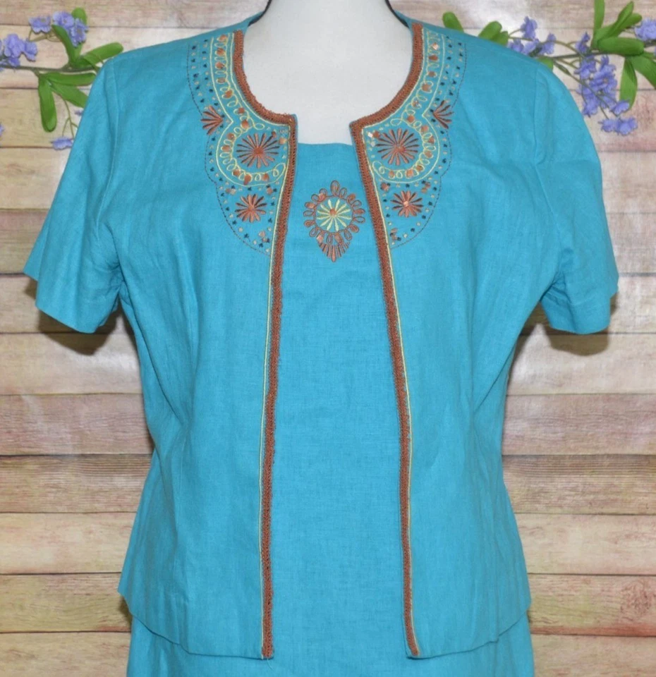 Vintage Miss Dorby Jacket & Maxi Dress Size 12 Linen Blend Embroidered Beaded - Image 2 of 4