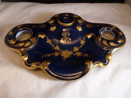 Antica porcellana francese Sevres - blu cobalto, supporto calamaio dorato B.R.P.  BRP - Foto 3 di 16