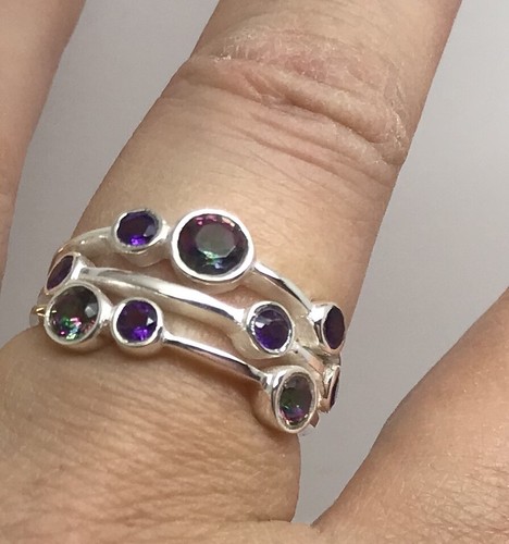 Mystic topaz & amethyst bubble ring, solid Sterling Silver, round, multirow. - Picture 5 of 12