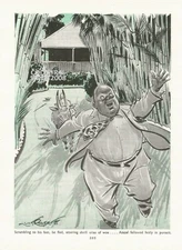 BIG MAN RUNNING FROM GOAT HOUSE PATH CARTOON ART 1950 ILLUSTRATION PRINT