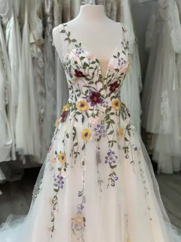 Wedding Dress Boho Fairy A-Line Florals Rustic Country Bridal Gowns Tulle Bride - Picture 11 of 12
