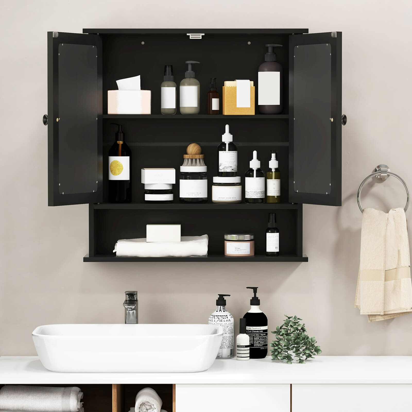 Costway Wall Mount Mirror Cabinet Bathroom Medicine Cabinet Organizer Black