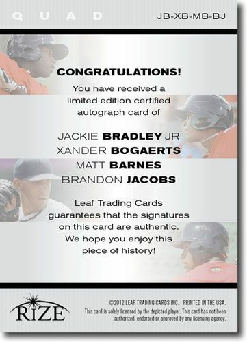 2012 Jackie BRADLEY * Xander BOGAERTS Matt BARNES *Brandon JACOBS PURPLE Auto /5 - Picture 2 of 2