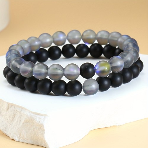 2pcs/set Colorful Moonstone Beaded Bracelets, Unisex Shiny Natural Stone Elastic - Picture 2 of 18
