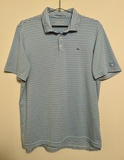 Vineyard Vines Performance Polo Shirt - L - Blue Striped - Whale / Bird Logos