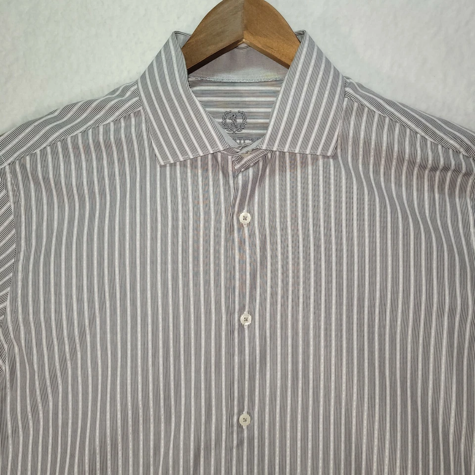 Camisa de vestir para hombre talla 17 32/33 Bugatchi manga larga gris a rayas cuello extendido Foto 2 de 4