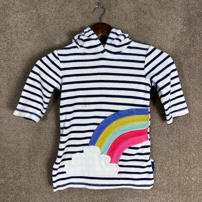 Mini Boden Toweling Hoodie Girls Kids 2-3Y White/Blue Rainbow Stripe Terry Cloth