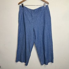 Talbots Womens Size 14 Wide Leg Linen Blend Cropped Flat Front Pants Blue Beach