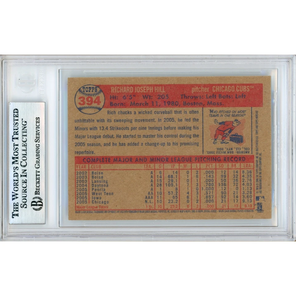 Rich Hill Signed 2006 Topps Heritage #394 Card AUTO Beckett Slabbed Chicago Cubs - Image 2 of 4