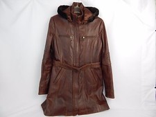 Moroccan Women's 100% Leather Brown Hooded Belted Coat Jacket Eu 44