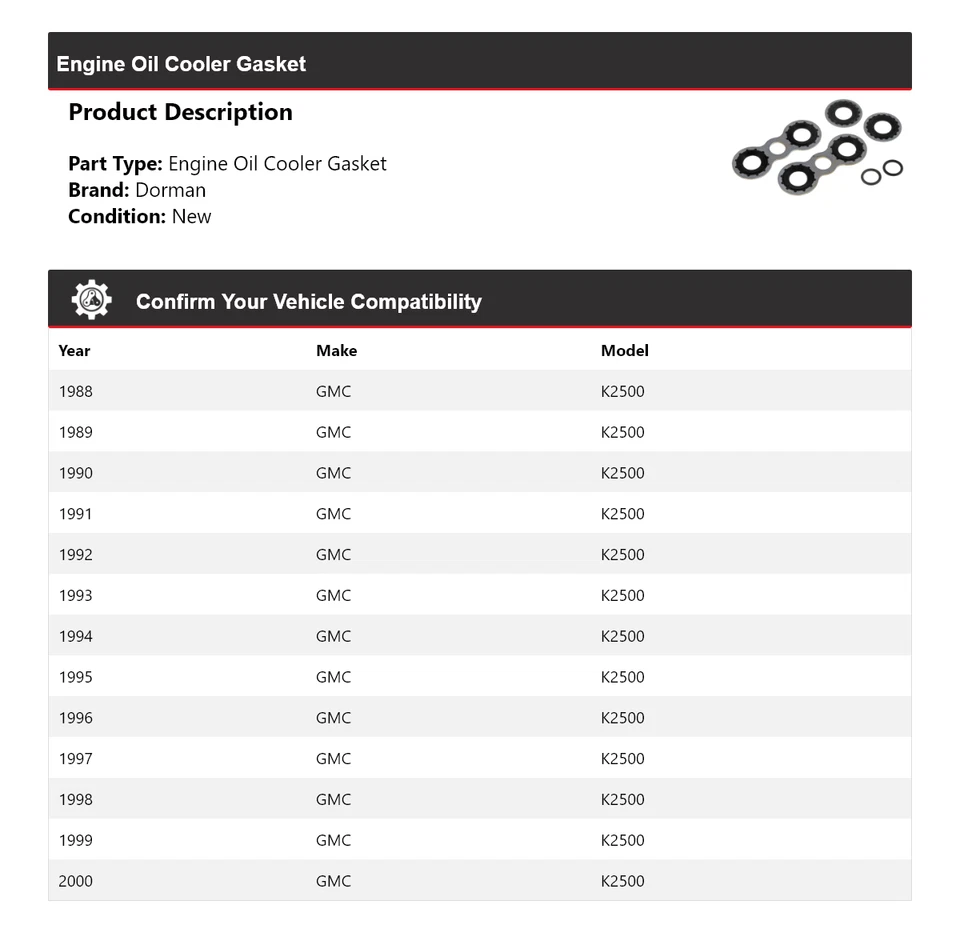 For 1988-2000 GMC K2500 Dorman Engine Oil Cooler Gasket 1989 1990 1991 1992 1993 - Image 2 of 3