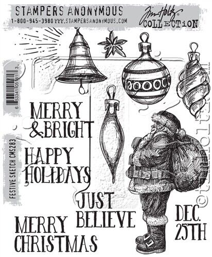 Tim Holtz Stampers Anonymous "FESTIVE SKETCH" Red Rubber Cling Stamp Set - Afbeelding 1 van 1