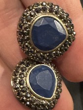Vintage Natural Lapis Lazuli Pave Rhinestone Silver Tone Clip On Earrings