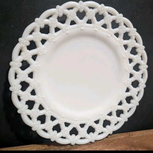 Vintage Westmoreland Forget Me Not Milk Glass Floral Lattice Plate