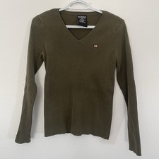 Vtg Y2K Ralph Lauren Polo Jeans Co Ribbed V Neck Sweater Green USA Cotton Med.