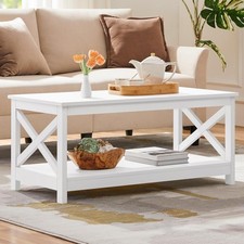 Wood 2-Tier White Coffee Table with Stora Shelf for Living