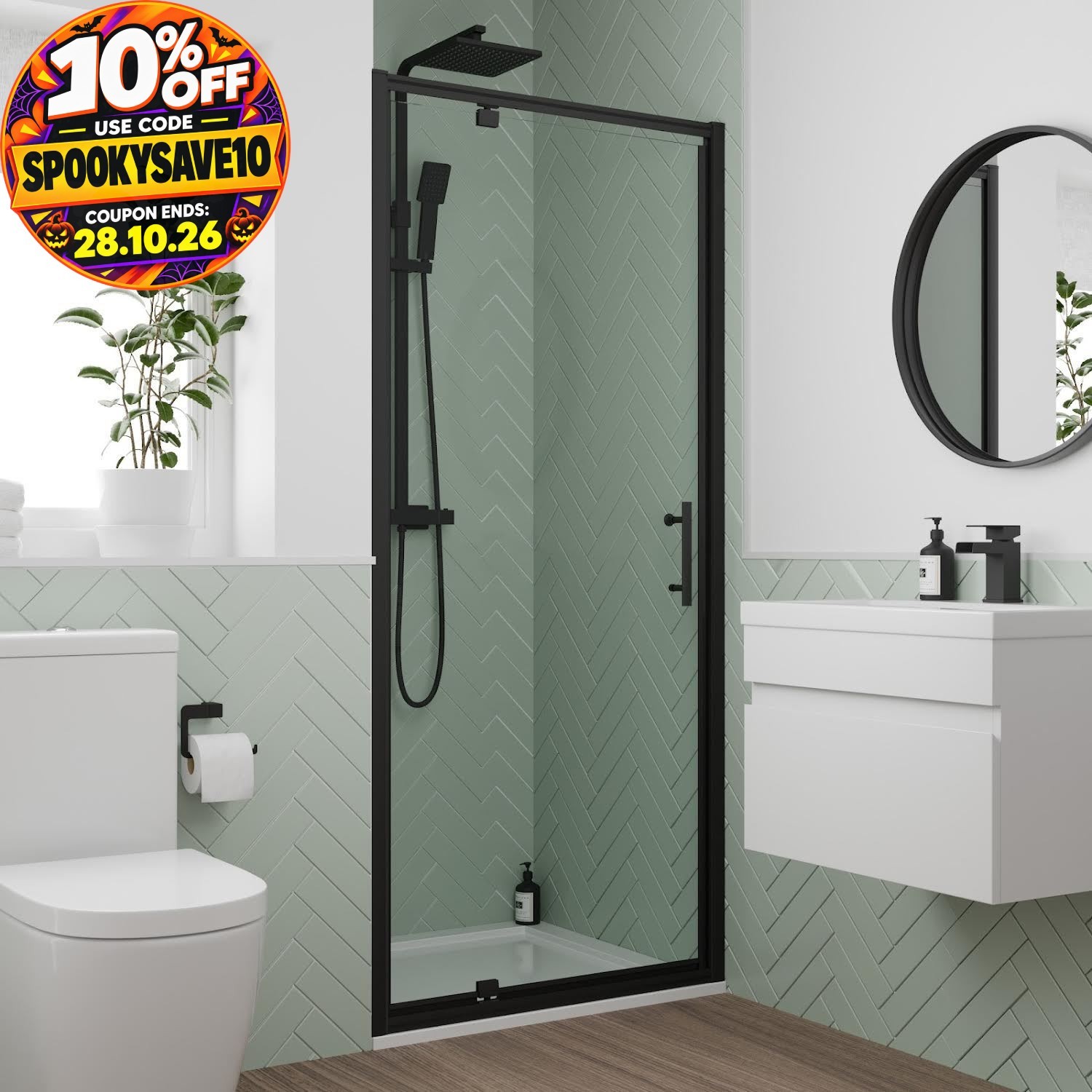 Luxura® 800mm Pivot Shower Door Screen for Wet Room Cubicle Enclosures, 6mm Toughened Safety Glass, Framed, Matt Black - Image 2