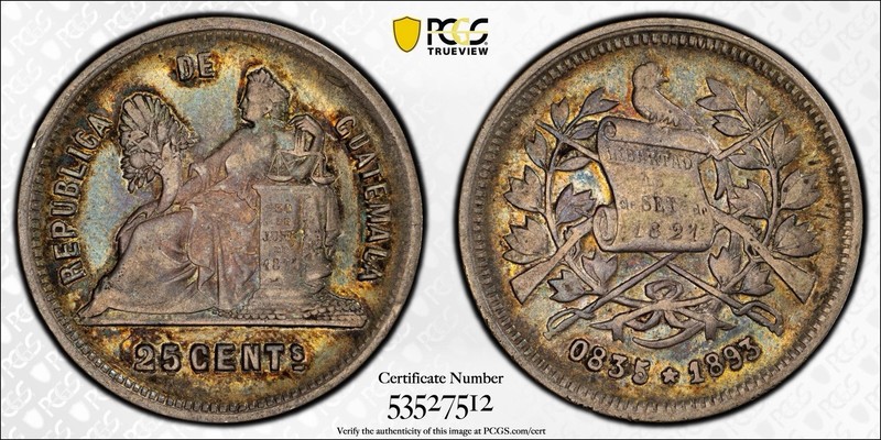 Guatemala Silver 25 Centavos 1893 PCGS AU50 Wonderful Toning