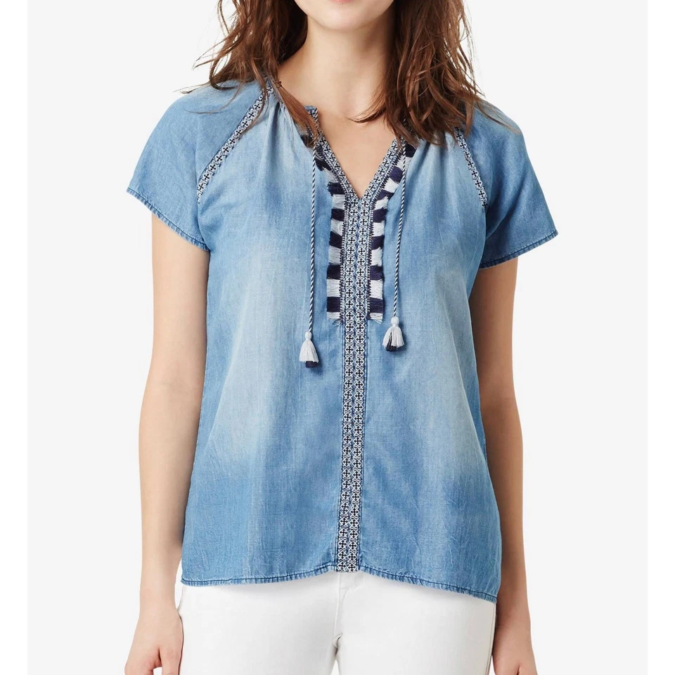 Blusa boho vintage America Blues para mujer M Lellah cambray manga corta flecos  Foto 3 de 4
