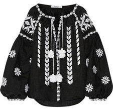MARCH 11 Embroidered Tassel Blouse Top Peasant Boho Bohemian Black White Medium