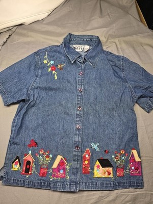 Keren Hart Shirt Womens Large Blue Denim Embroidered Birds Birdhouses Floral Top