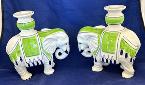 Vintage 1970s Fitz & Floyd Elephant Candle Holders Green Blue Pair Ceramic