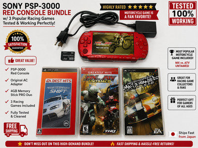 Sony PSP 3000 Radiant Red Racing Bundle MX vs ATV Untamed 4GB Memory Card Charge