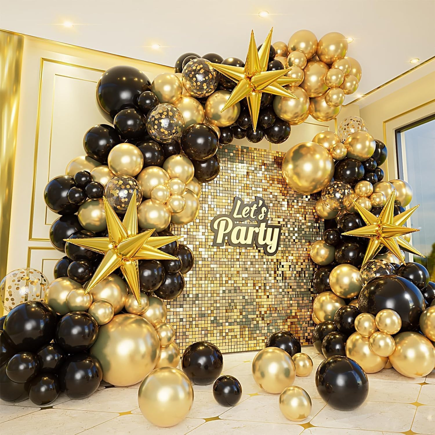 161Pcs Black Gold Balloon Garland Arch Kit with Explosion Star Foil Balloons,5/1