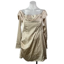 PRETTYLITTLETHING Gold Satin Off The Shoulder Long Sleeves Corset Mini Dress 10