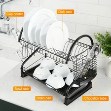 🧡Multi-function 2 Layer Stainless Steel Dish Drying Rack Kitchen Storage Silver
