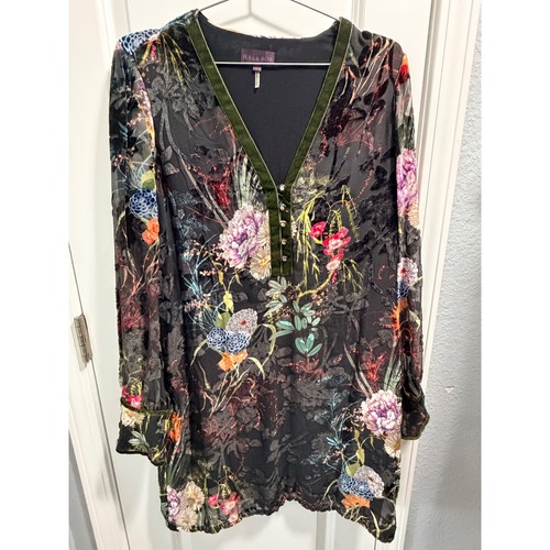 Hale Bob Floral Burnout Velvet Trim Tunic Dress Black Silk Blend 98RD6738 L