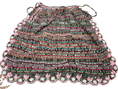 Vintage Boho Woven Apron Multicolor Ethnic Stripe Pink Floral Trim Zipper 48''