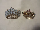 Vintage Costume Jewelry Brooch Royal Crown Multicolor Milky Blue