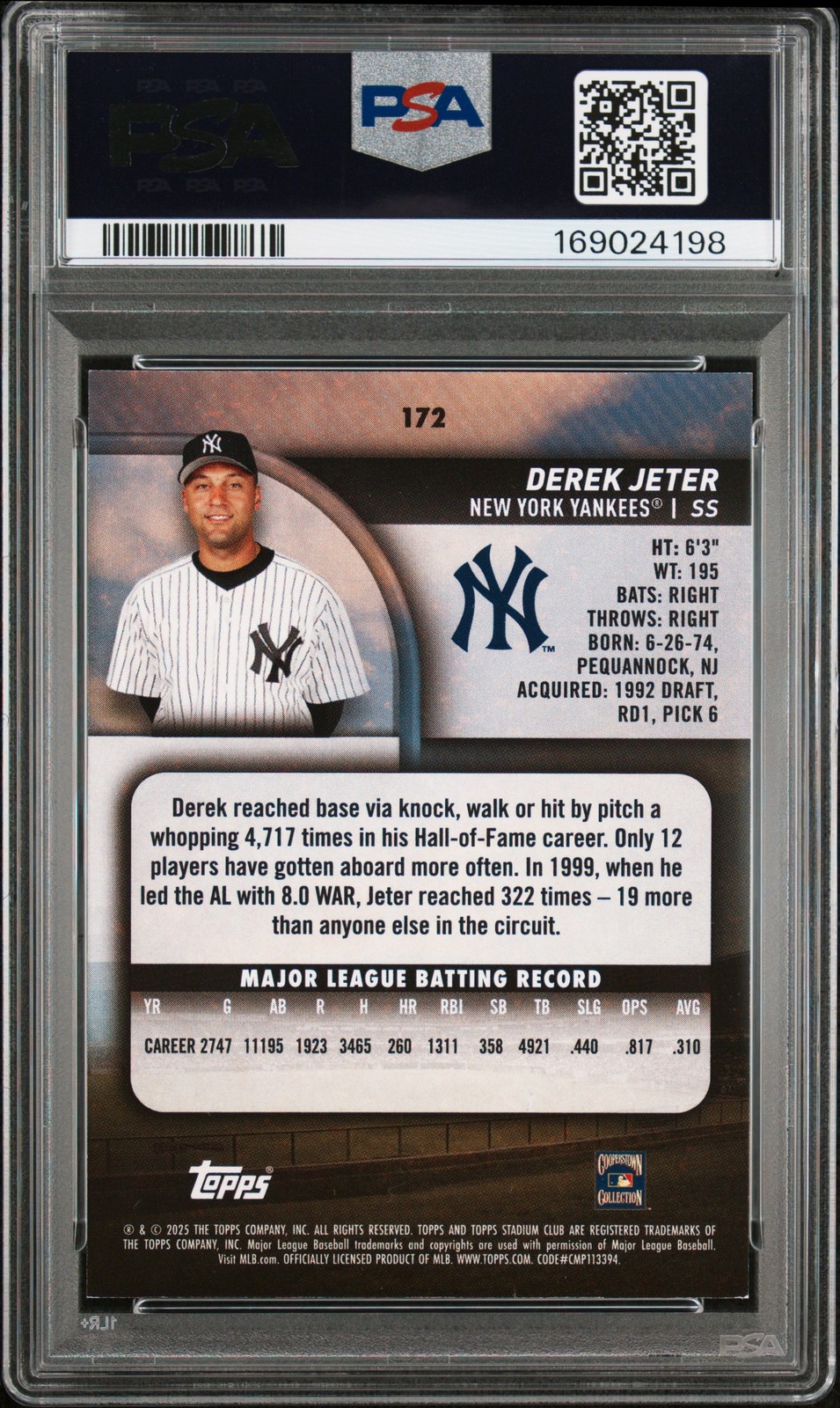 2025 TOPPS STADIUM CLUB GOLD #172 DEREK JETER 28/50 PSA 8 view 2