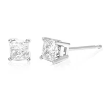 Princess Cut Champagne Diamond Stud Earrings 14k Gold 4 Prong with Push Backs