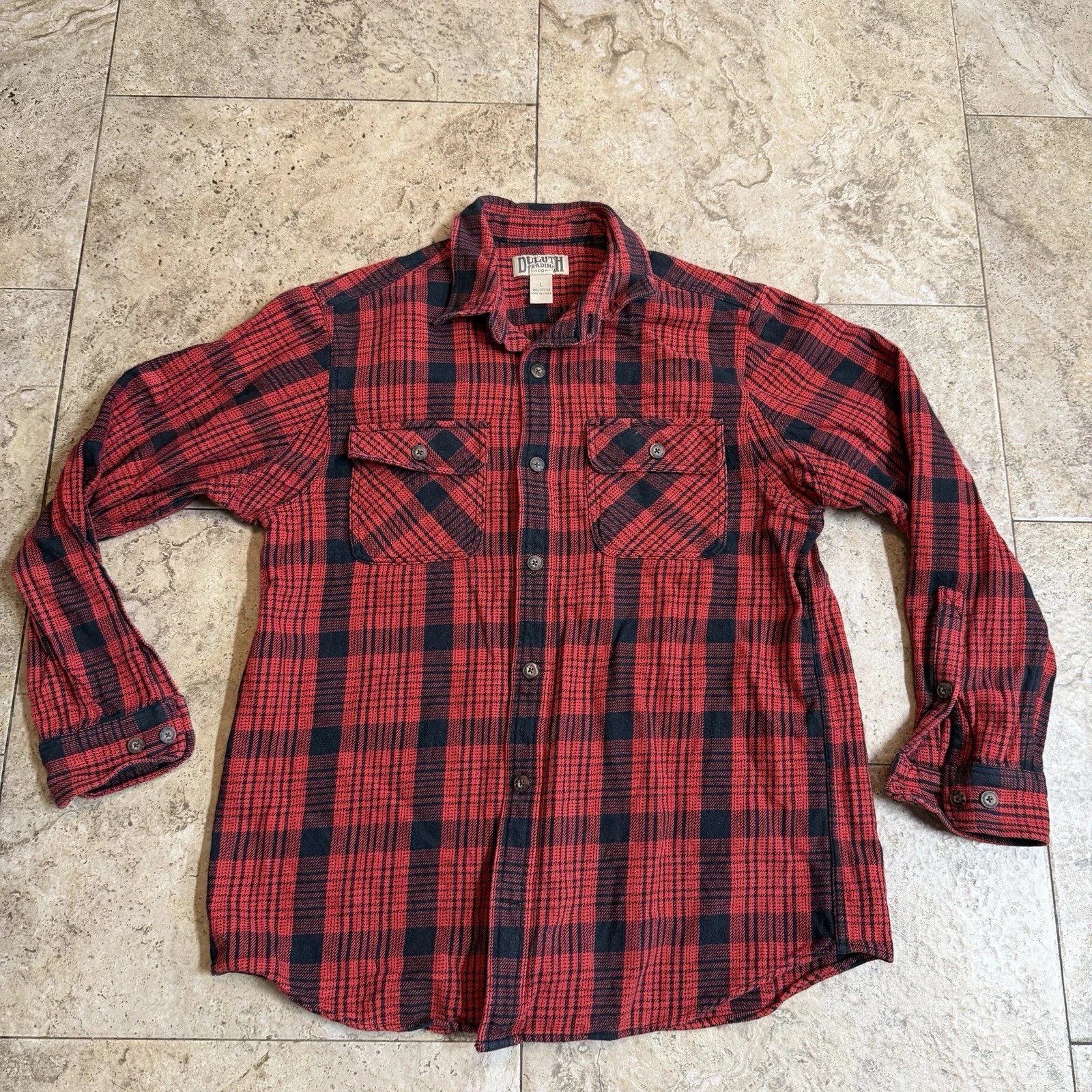 Duluth Trading Shirt Mens L Red Black Flannel Button Down Shacket Workwear