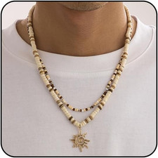 Puka Shell Necklace for Men - Surfer Wooden Beaded Coconut Shell Beach Jewelry -