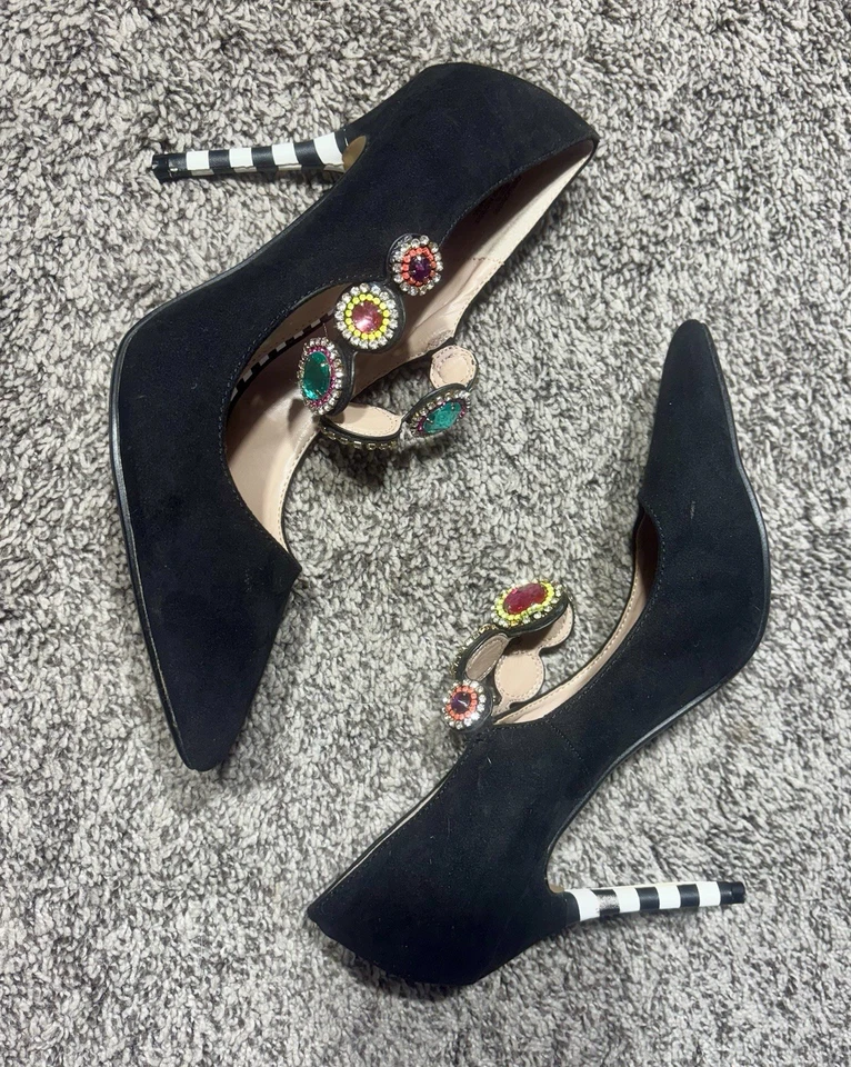 Betsey Johnson Sz 10 Jodie Stiletto Heels Black Suede Gorgeous Jeweled Strap - Image 2 of 4