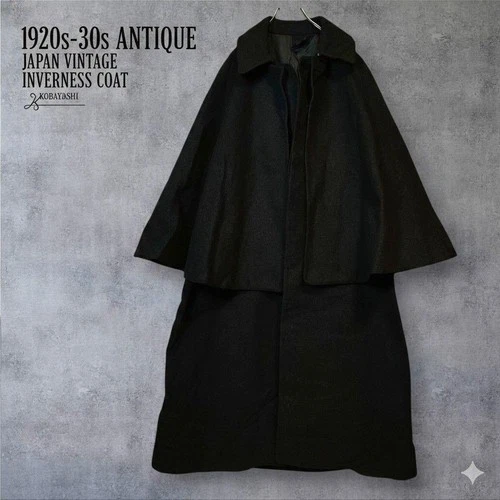 Antique 1920s 1930s Inverness Cape Coat Black Wool Melton Large Equivalent - product listing photo