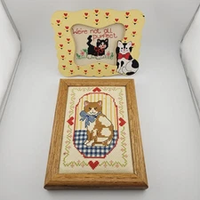 Vtg Cat Cross Stitch Lot 2 Framed Art Calico Tuxedo Country Cottagecore Decor 