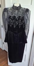 Jessica McClintock Sheer Black Velvet and Lace Evening Gown Size 8